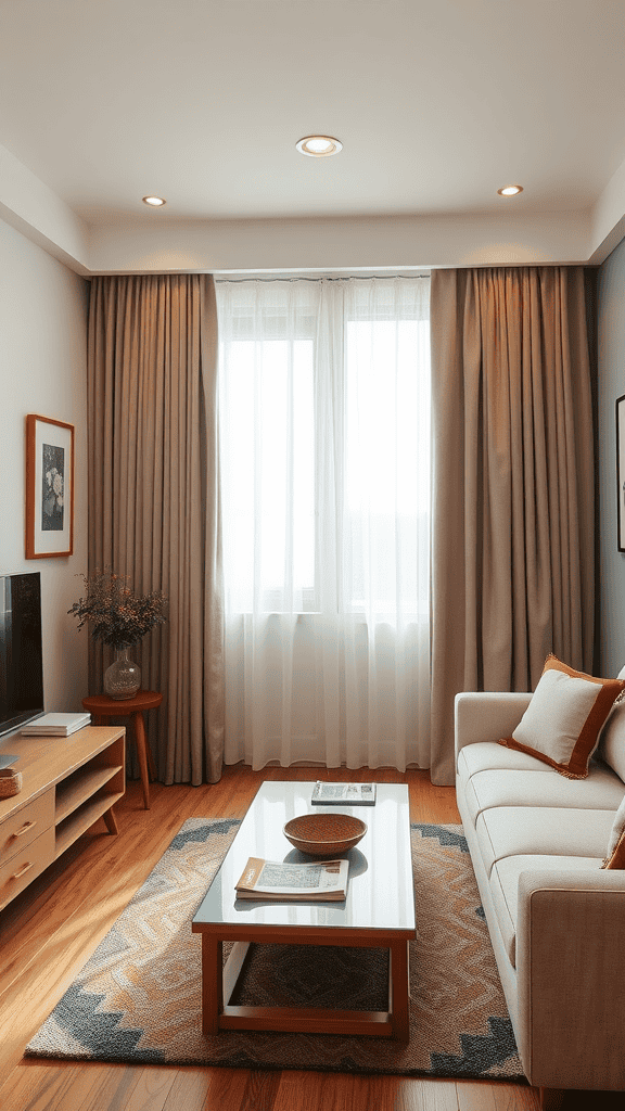 A stylish living room with elegant curtains and a cozy setup.