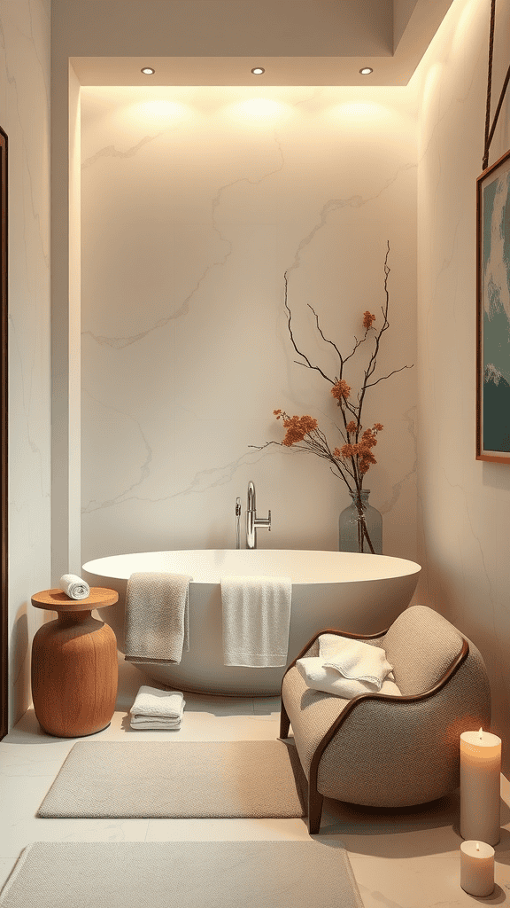 A serene bathroom with a bathtub, soft lighting, and decorative elements.