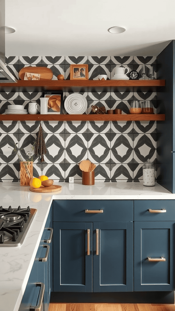 A kitchen featuring a geometric patterned backsplash with dark blue cabinets and wooden shelves.