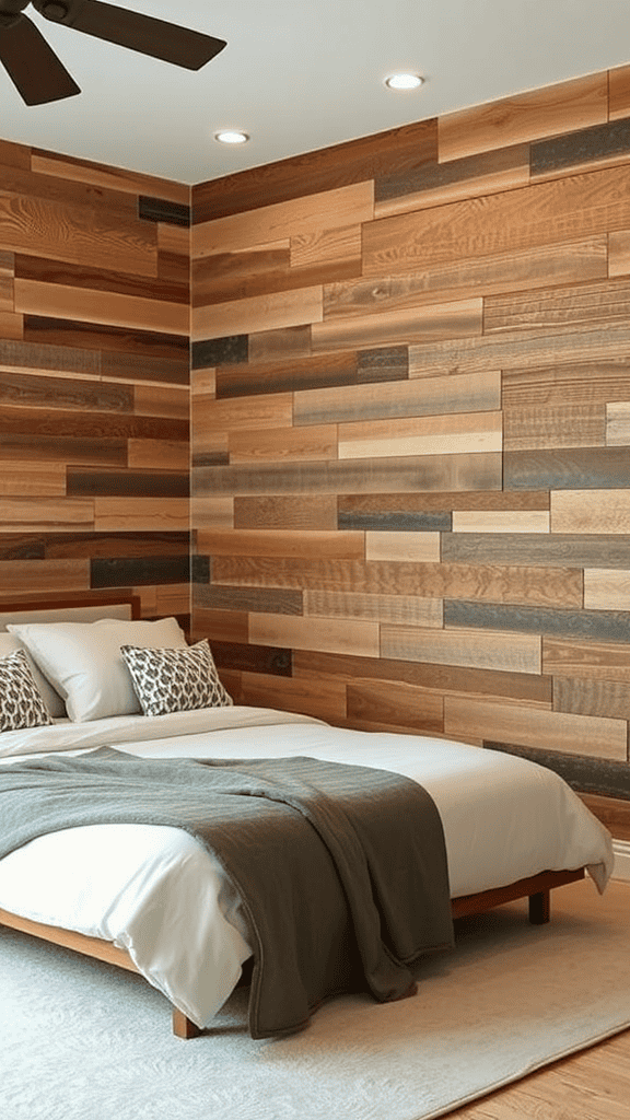 Cozy bedroom with a natural wood statement wall.