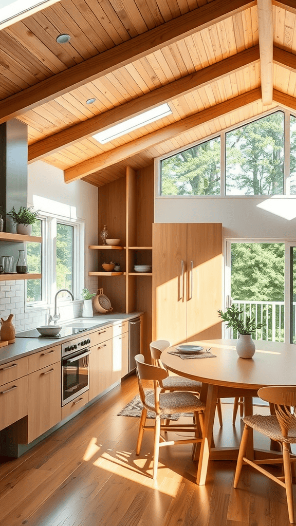 Open-concept kitchen with large windows, wooden beams, and a round dining table.