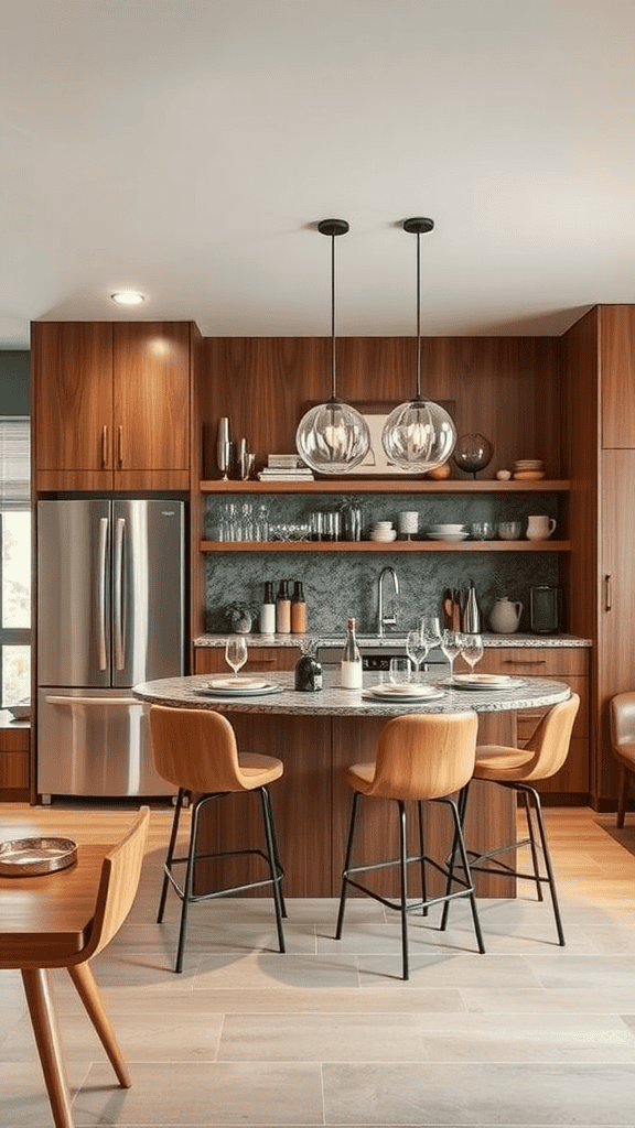 A stylish bar area with wooden cabinets, a round table, and modern bar stools.