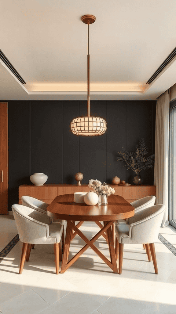 A stylish dining area featuring a modern pendant light above a wooden table surrounded by light-colored chairs.