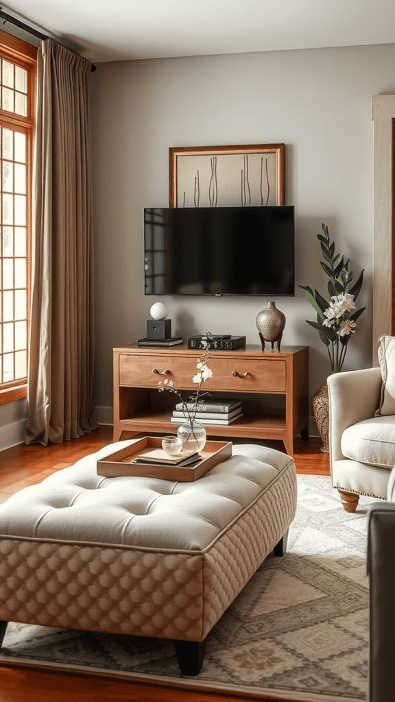 A cozy living room featuring a stylish ottoman in a neutral color, accompanied by a wooden TV stand and decorative plants.