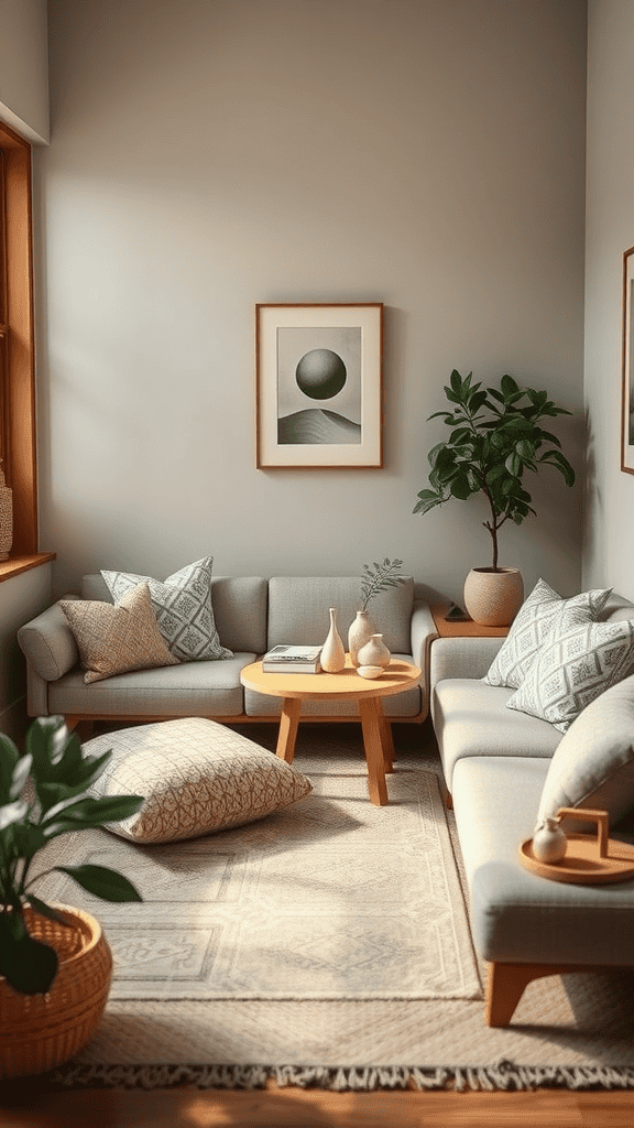 Cozy living room with subtle patterns on cushions and a rug, featuring plants and a coffee table.