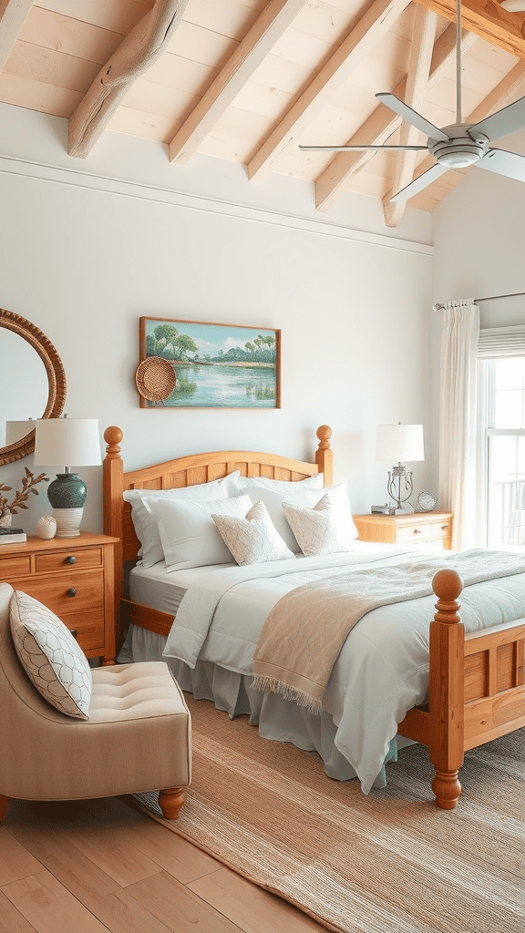 A cozy bedroom featuring sun-faded wooden furniture, soft bedding, and a warm color palette.