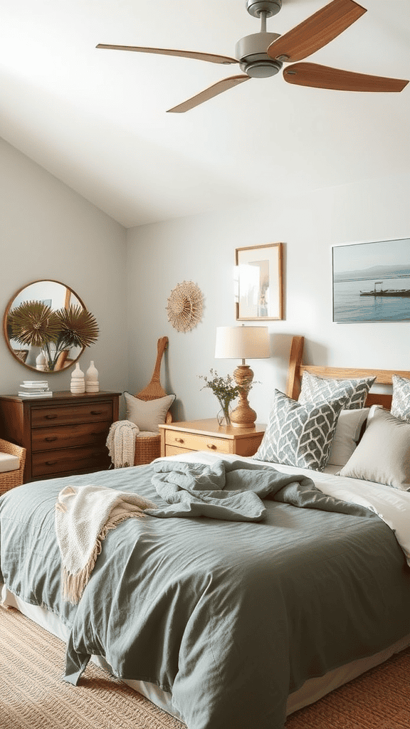 A cozy bedroom featuring coastal decor with natural materials and plants.