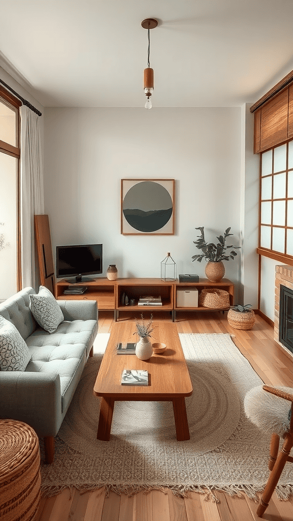 A cozy living room featuring sustainable materials, including a wooden coffee table, natural fiber rugs, and plants.