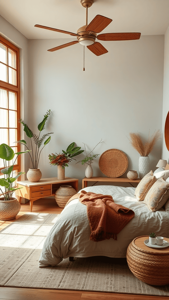 A cozy bedroom featuring sustainable materials, with natural decor and plants.