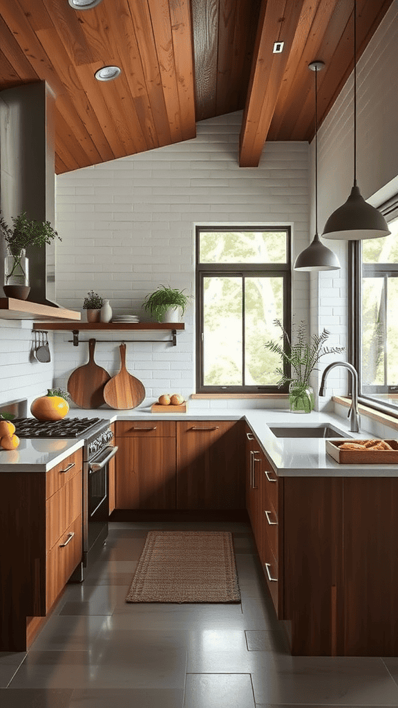 A modern kitchen featuring natural wood cabinets, a white brick wall, and a bright window with green plants.