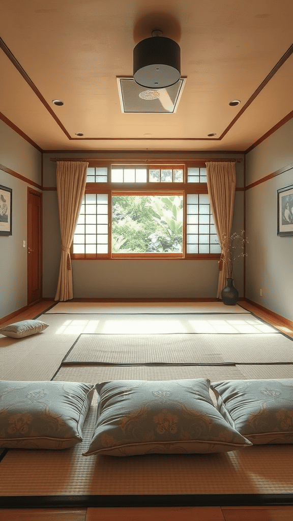 A serene room with tatami mats and decorative floor cushions