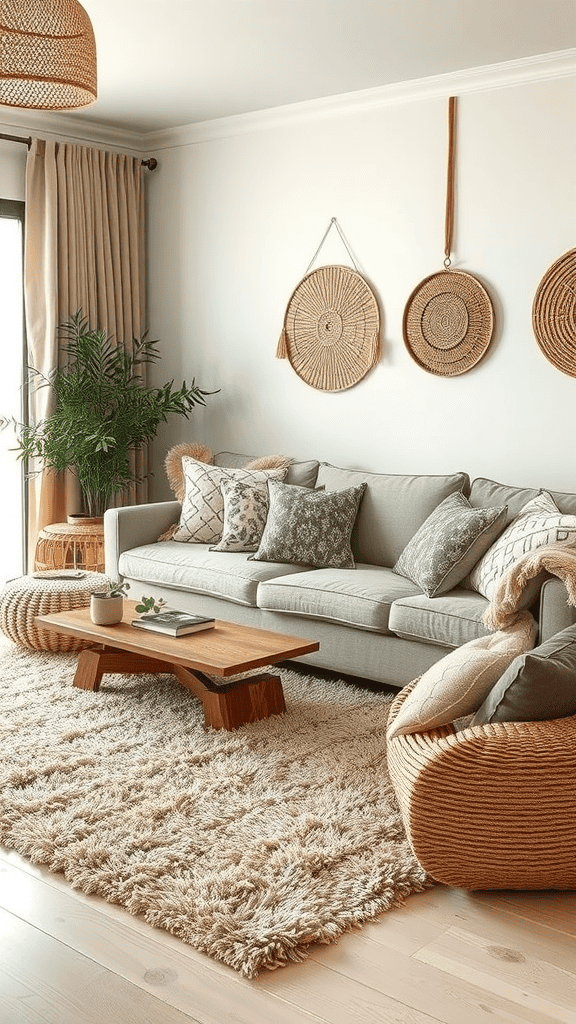 Cozy living room with textured elements like a soft rug, woven cushions, and a wooden coffee table.