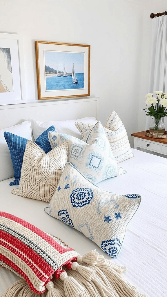 A collection of textured throw pillows in various patterns and colors on a bed.