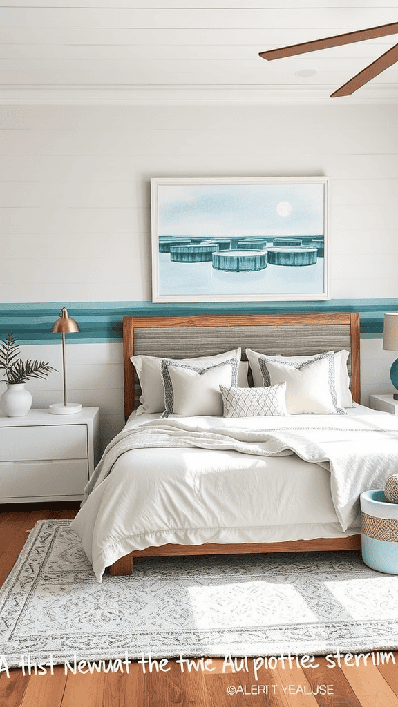 A serene bedroom with tidal pool inspired decor, featuring a light color palette and ocean-themed artwork.