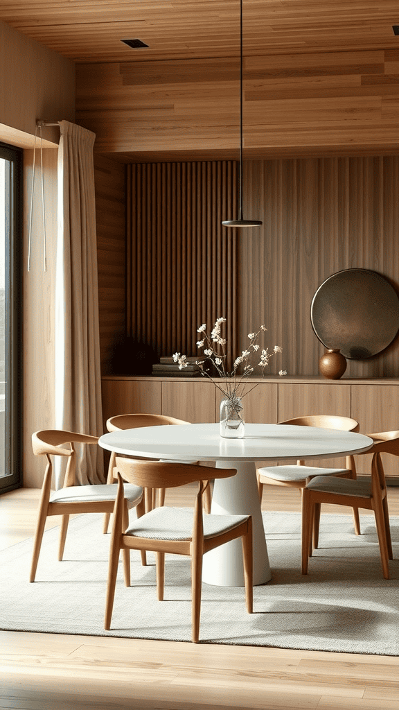 A modern dining room featuring a round table and stylish wooden chairs in a Japandi style setting.