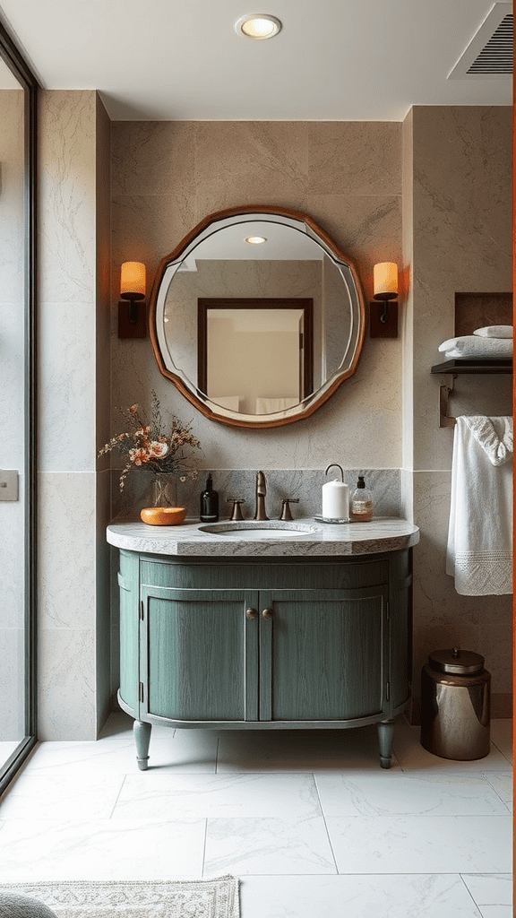 Stylish bathroom vanity with a green base, marble top, and round mirror