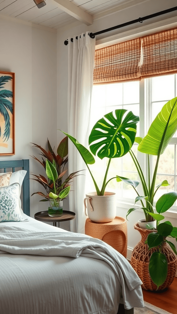 A cozy bedroom featuring tropical plants near a window, with a bed and decorative pillows.