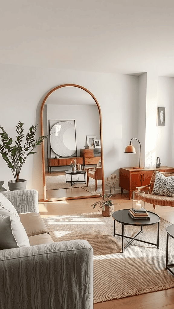 A cozy living room featuring a large mirror reflecting light, stylish furniture, and plants.