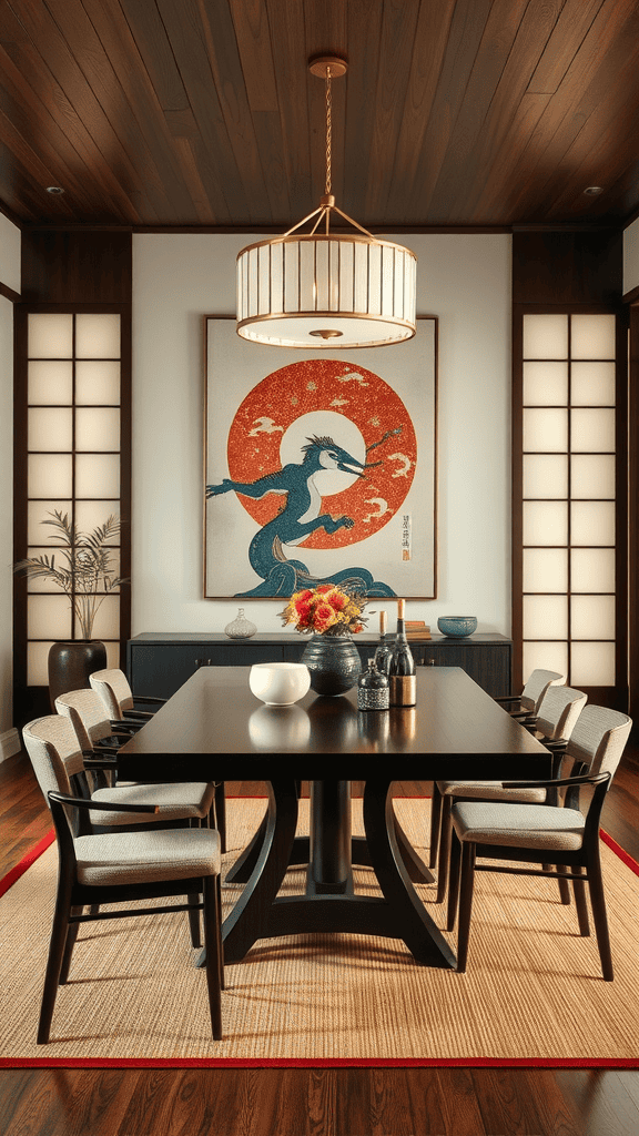 A dining room featuring a large traditional painting on the wall, complemented by a dark wooden table and stylish chairs.