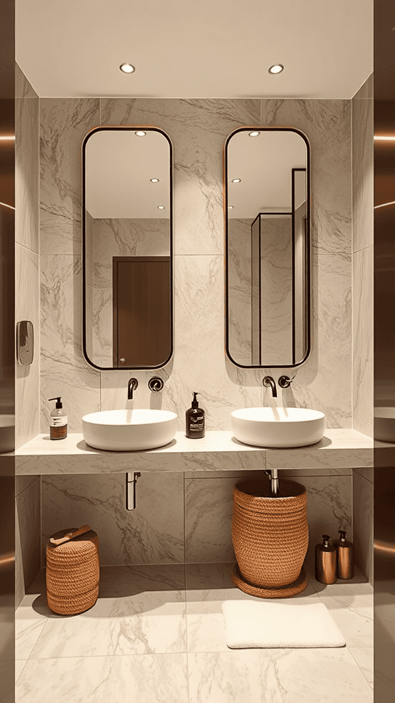 A modern bathroom featuring two stylish mirrors above sinks, creating an illusion of spaciousness.