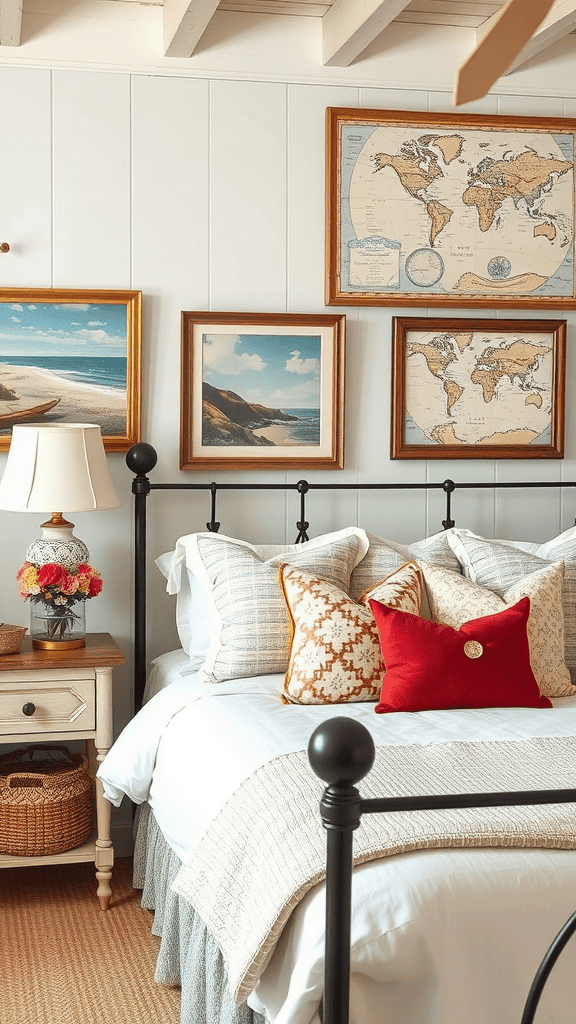 A cozy bedroom featuring vintage coastal artwork with maps and ocean scenes.