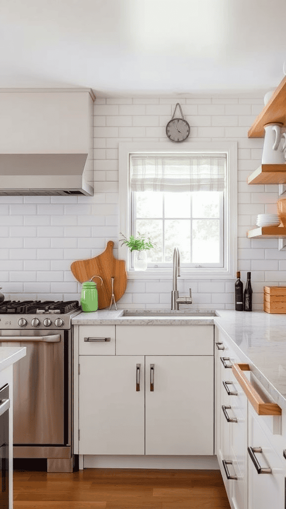 A cozy kitchen featuring vintage hardware and fixtures, including a wall clock and wooden cutting board.