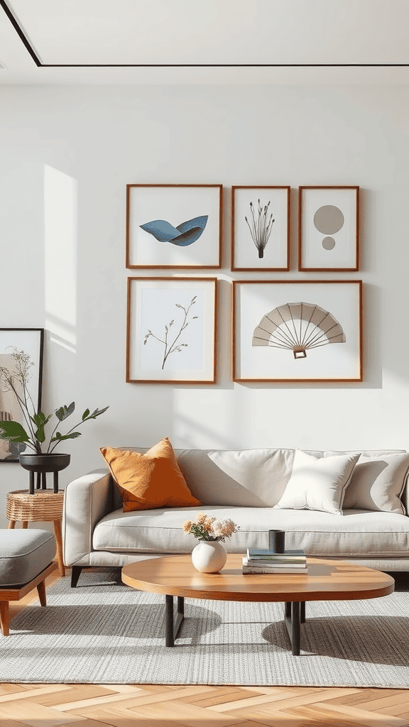 A cozy living room featuring simple wall art, including framed abstract pieces and a minimalist fan design.