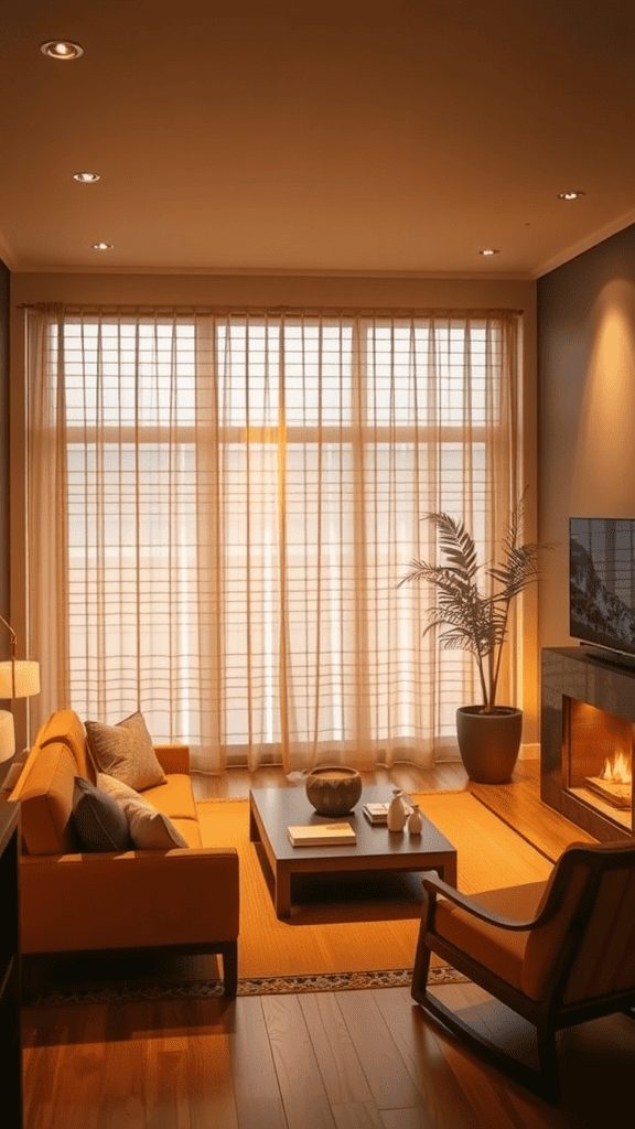 A cozy living room with warm lighting, featuring a comfortable sofa, a coffee table, and a fireplace.