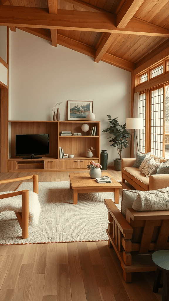 A cozy living room with warm natural wood finishes, featuring wooden furniture and plenty of natural light.