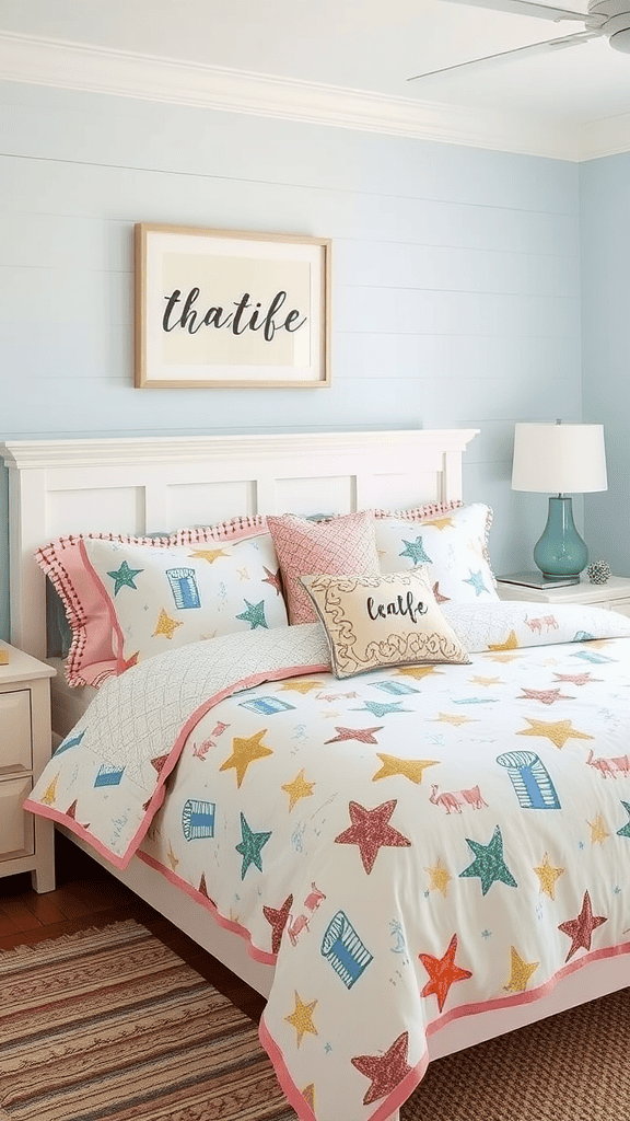 Coastal themed bedding with colorful starfish patterns and a light blue wall.