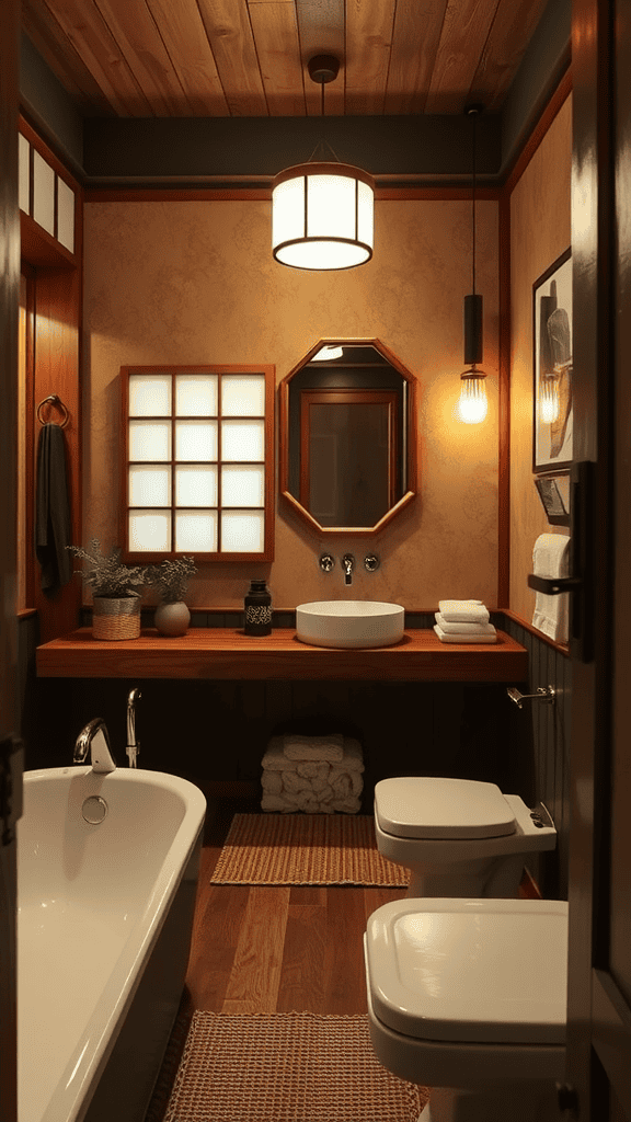 A cozy bathroom featuring wood accents and warm lighting.