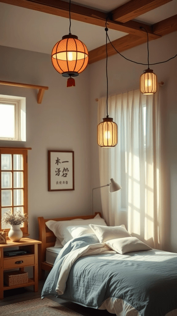 A cozy bedroom with three lantern-style lights hanging from the ceiling, featuring soft bedding and natural light.