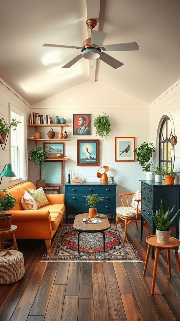 A cozy vintage tiny house living room with colorful decor, plants, and unique furnishings.