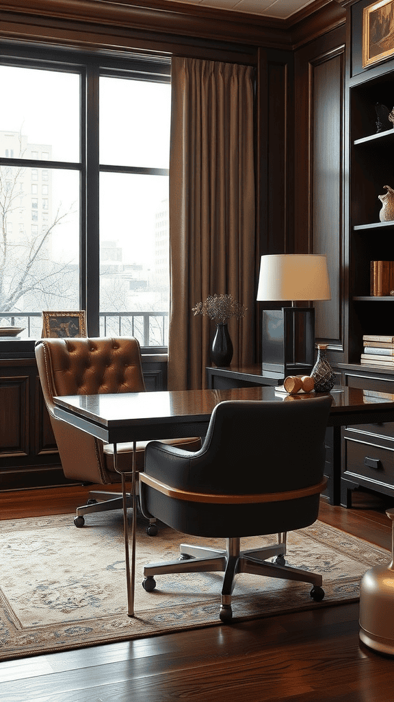 A modern office interior featuring a comfortable chair, wooden desk, and decorative elements.