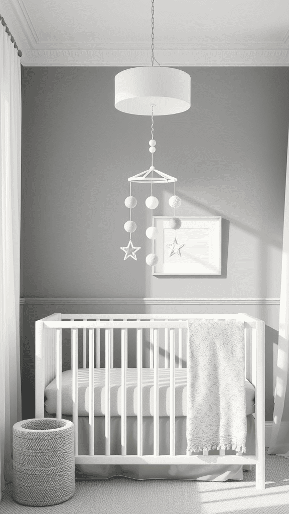 A stylish nursery featuring a white crib with a colorful mobile hanging above it, complemented by soft decor.