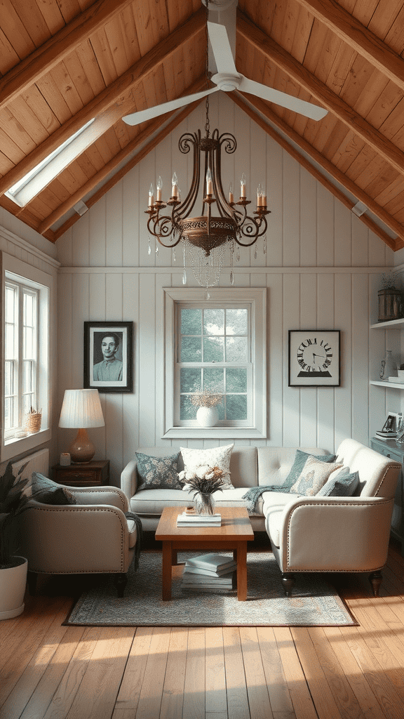 A cozy vintage tiny house living room featuring a chandelier, soft seating, and wooden accents.