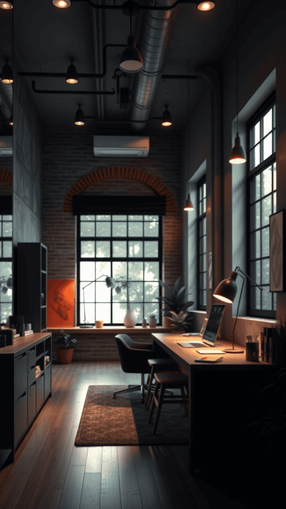 A stylish office space with warm lighting and a cozy atmosphere.