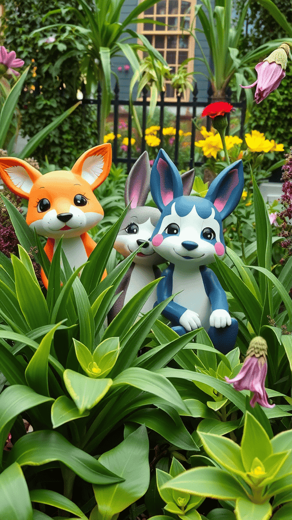 Colorful animal sculptures of a fox, rabbit, and dog among green plants and flowers.