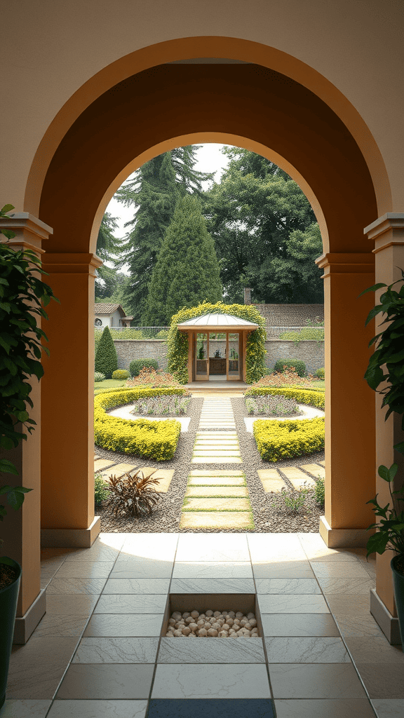 A view through an arched entryway leading into a beautifully landscaped garden with pathways and colorful plants.