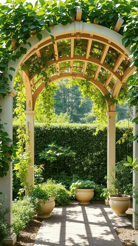 A beautiful arched pergola adorned with green shade plants, leading into a garden.