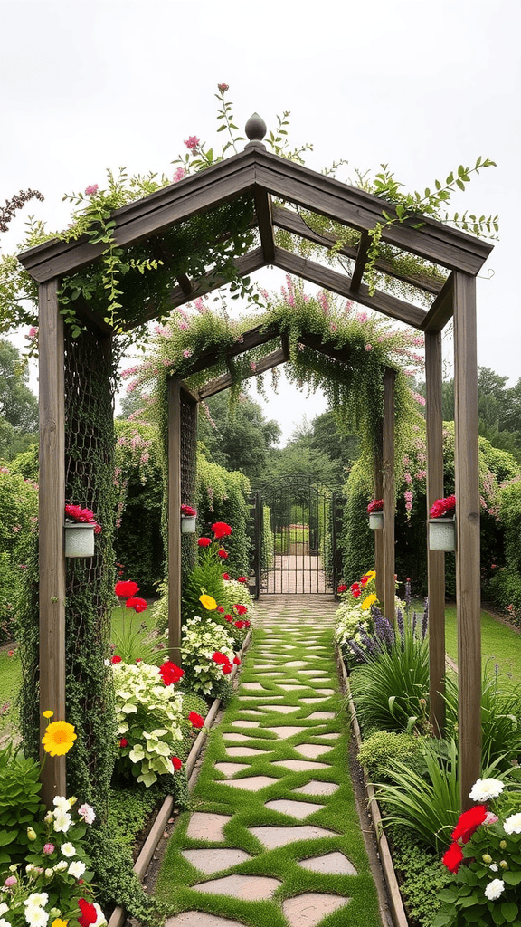 A beautiful garden path with an arched trellis adorned with flowers.