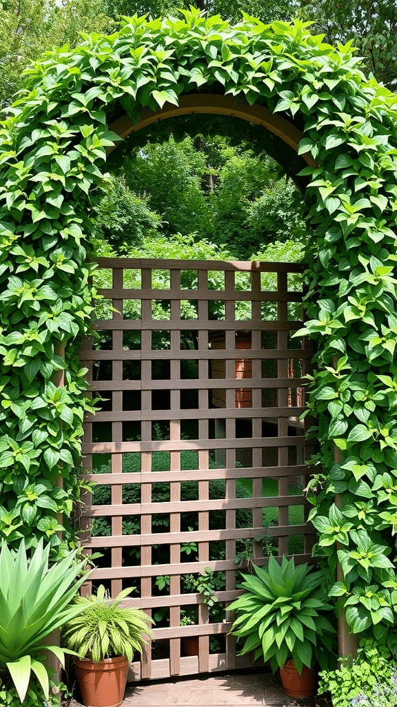 A wooden arched trellis covered in green vines, providing a natural privacy screen in a garden.