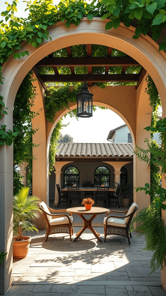 A cozy outdoor seating area under an arched trellis, surrounded by greenery.