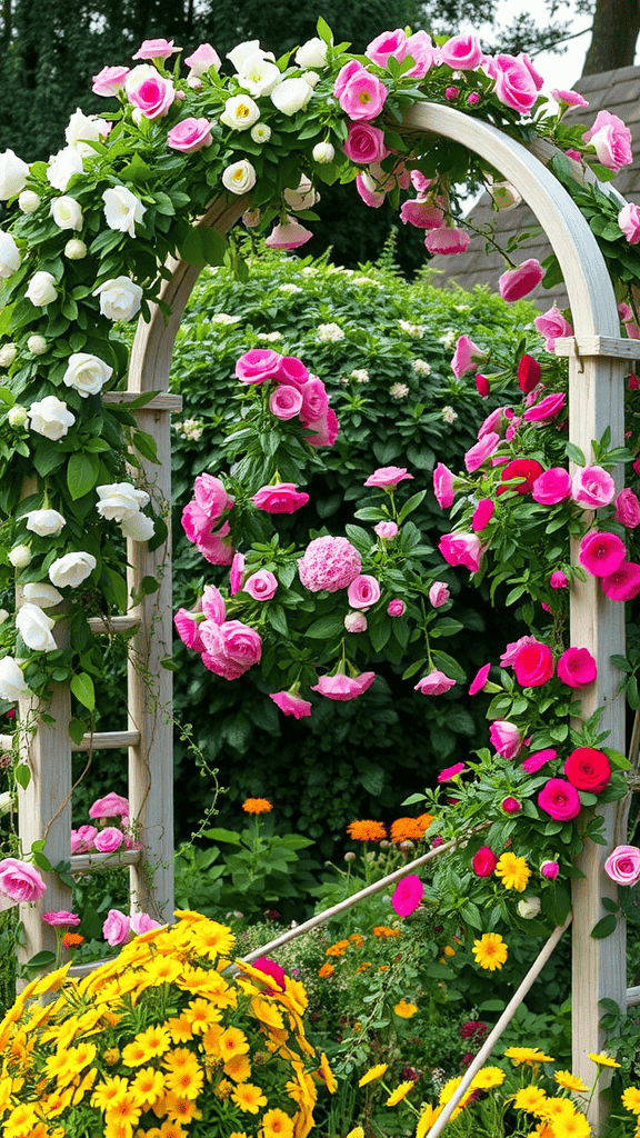 A beautiful arched trellis covered in pink and white roses, surrounded by colorful seasonal flowers.