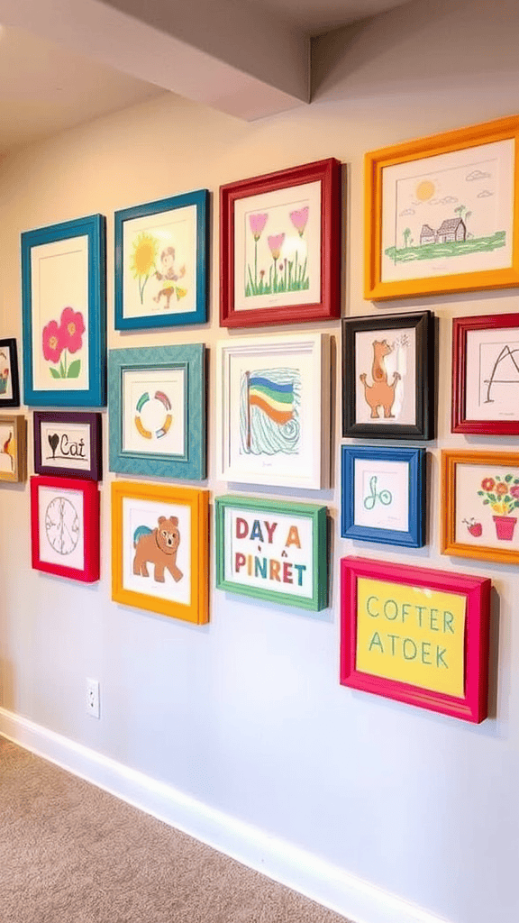 Colorful display of children's artwork framed on a wall.