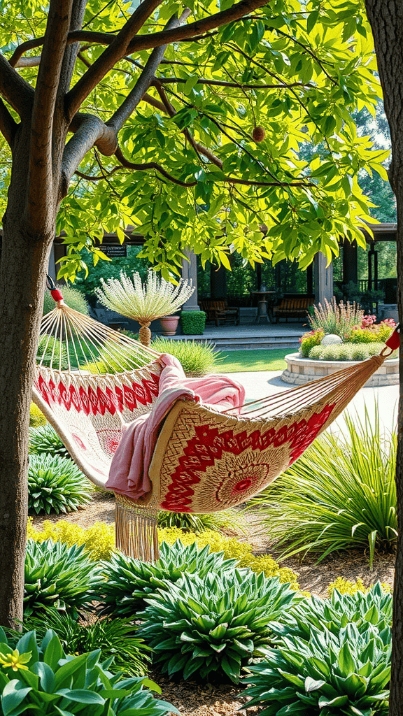 A colorful hammock with a soft blanket draped over it, hanging between two trees in a lush garden.