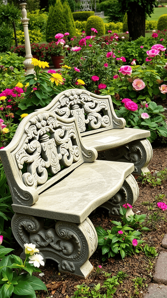 Two decorative stone benches surrounded by colorful flowers in a garden.