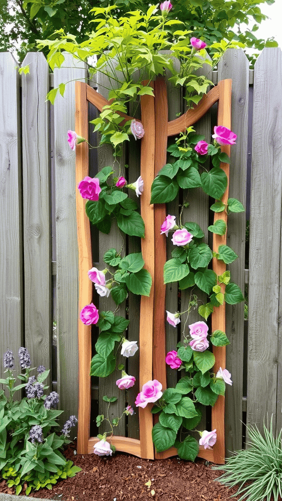 A wooden trellis with climbing roses and green leaves integrated into a wooden fence.