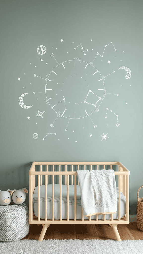 A nursery with a crib and astrological wall decals featuring stars and constellations.