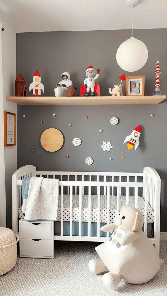 A cozy nursery with astronaut-themed decor, featuring toys and wall art related to space.